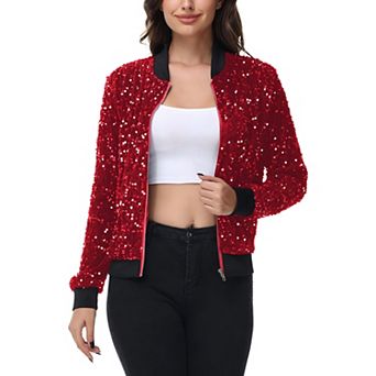 Women's Sequin Bomber Jacket Zip Front Ribbed Cuffs and Hem Pockets