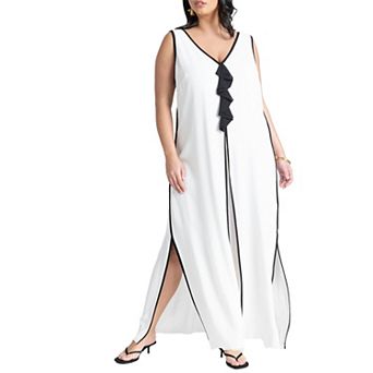 ELOQUII Women's Plus Size V Neck Gauze Maxi Dress