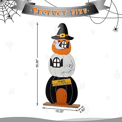 Glitzhome 35"H Pumpkin Haunted House Porch Decor, Wooden Halloween Decor