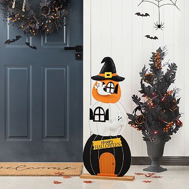 Glitzhome 35"H Pumpkin Haunted House Porch Decor, Wooden Halloween Decor
