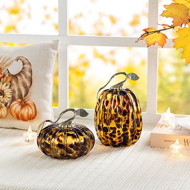 Glitzhome Amber Dots Glass Pumpkin Table Decor, 7.75"H Decorative Ornaments for Fall & Harvest