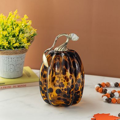 Glitzhome Amber Dots Glass Pumpkin Table Decor, 7.75"H Decorative Ornaments for Fall & Harvest