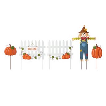Glitzhome Set of 5 Fall Metal Yard Stakes, Scarecrow, Pumpkin & Fence Garden Stakes, 30.75"H