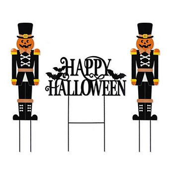 Glitzhome Set of 3 Nutcracker and HAPPY HALLOWEEN Yard Stakes