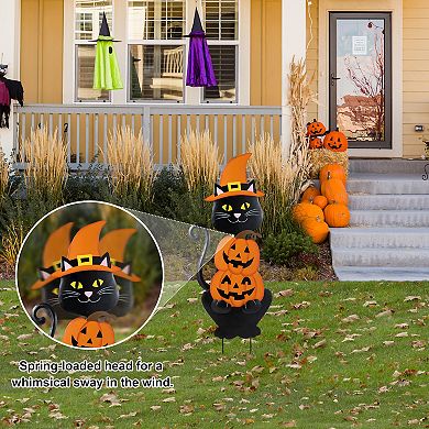 Glitzhome 36"H Black Cat and Stacked Pumpkin Yard Stake