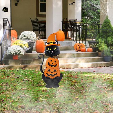 Glitzhome 36"H Black Cat and Stacked Pumpkin Yard Stake