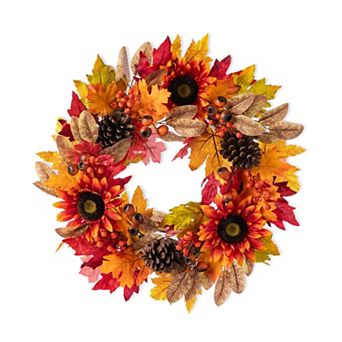 Glitzhome 24"D Sunflower, Pinecone and Berry Wreath, Decorative Hanging Wreath for Fall Harvest