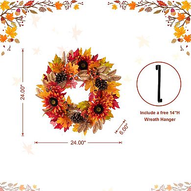 Glitzhome 24"D Sunflower, Pinecone and Berry Wreath, Decorative Hanging Wreath for Fall Harvest