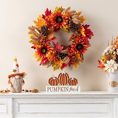 Glitzhome 24"D Sunflower, Pinecone and Berry Wreath, Decorative Hanging Wreath for Fall Harvest