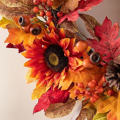 Glitzhome 24"D Sunflower, Pinecone and Berry Wreath, Decorative Hanging Wreath for Fall Harvest