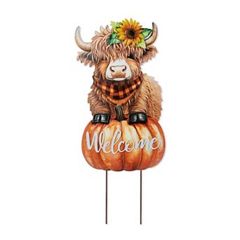 Glitzhome 29.75"H Metal Highland Cow Yard Stake, "Welcome" Wall Décor for Fall Harvest