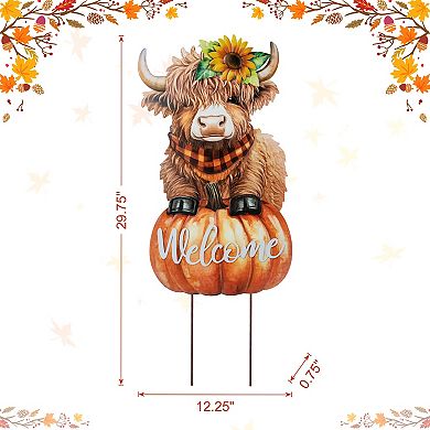 Glitzhome 29.75"H Metal Highland Cow Yard Stake, "Welcome" Wall Décor for Fall Harvest