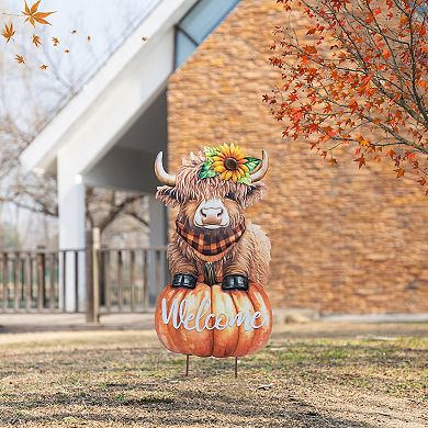 Glitzhome 29.75"H Metal Highland Cow Yard Stake, "Welcome" Wall Décor for Fall Harvest