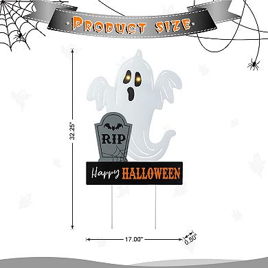 Glitzhome 32.25"H Lighted Ghost Tombstone Yard Stake, Halloween Metal Garden Stake