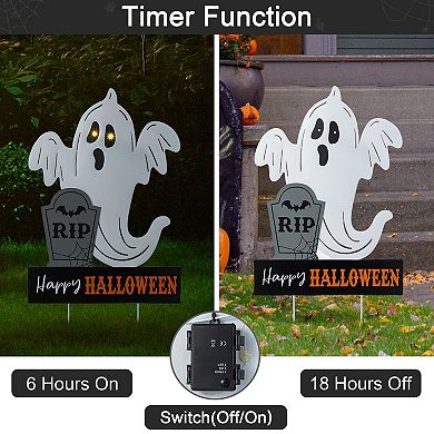 Glitzhome 32.25"H Lighted Ghost Tombstone Yard Stake, Halloween Metal Garden Stake