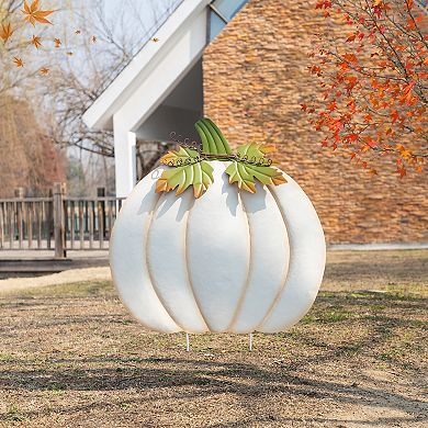 Glitzhome 39.5"H Ivory Pumpkin Yard Stake, Oversized Metal Wall Decor for Fall Harvest