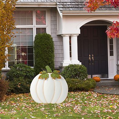 Glitzhome 39.5"H Ivory Pumpkin Yard Stake, Oversized Metal Wall Decor for Fall Harvest