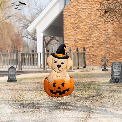 Glitzhome Halloween Metal Silhouette Yard Stake with Cat, Highland Cow and Ghost Car,Labrador Design