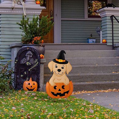 Glitzhome Halloween Metal Silhouette Yard Stake with Cat, Highland Cow and Ghost Car,Labrador Design