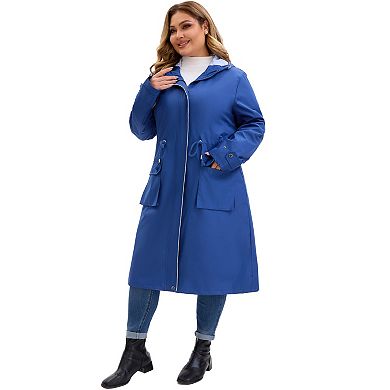 Plus Size Hooded Trench Coats for Women Drawstring Waist Zipper Waterproof Rain Windbreaker Jacket