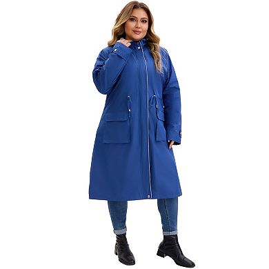 Plus Size Hooded Trench Coats for Women Drawstring Waist Zipper Waterproof Rain Windbreaker Jacket