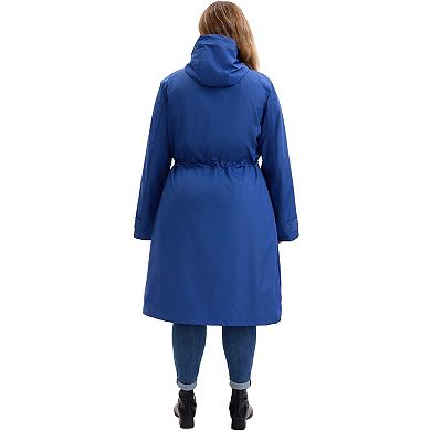 Plus Size Hooded Trench Coats for Women Drawstring Waist Zipper Waterproof Rain Windbreaker Jacket