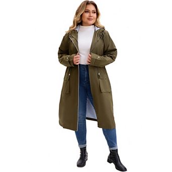 Plus Size Hooded Trench Coats for Women Drawstring Waist Zipper Windbreaker Jacket