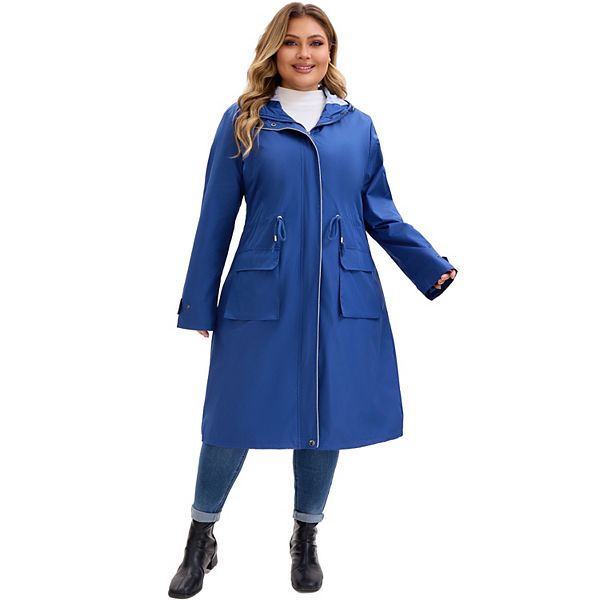 Plus Size Hooded Trench Coats for Women Drawstring Waist Zipper