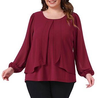 Plus Size Chiffon Tops for Women Crew Neck Layered Panel Flowy Long Sleeve Blouse Dressy Work Shirts