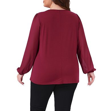 Plus Size Chiffon Tops for Women Crew Neck Layered Panel Flowy Long Sleeve Blouse Dressy Work Shirts