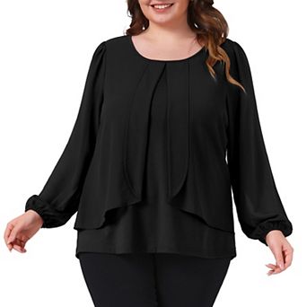 Plus Size Chiffon Tops for Women Crew Neck Layered Panel Flowy Long Sleeve Blouse Dressy Work Shirts