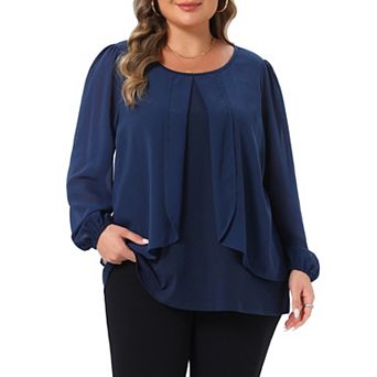 Plus Size Chiffon Tops for Women Crew Neck Layered Panel Flowy Long Sleeve Blouse Dressy Work Shirts