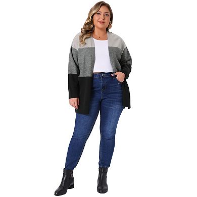 Plus Size Cardigan for Women Striped Color Block Long Sleeve Open Front Knit Sweaters Outwear Coat