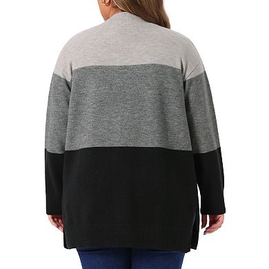 Plus Size Cardigan for Women Striped Color Block Long Sleeve Open Front Knit Sweaters Outwear Coat