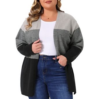 Plus Size Cardigan for Women Striped Color Block Long Sleeve Open Front Knit Sweaters Outwear Coat