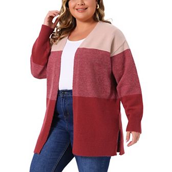 Plus Size Cardigan for Women Striped Color Block Long Sleeve Open Front Knit Sweaters Outwear Coat