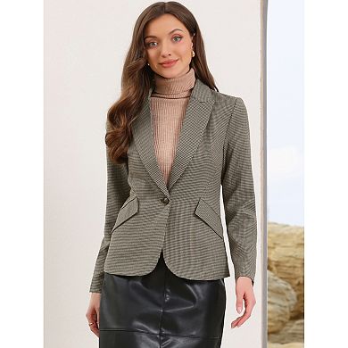 Vintage Work Blazer for Women's Houndstooth Notched Lapel One Button Office Suit Jacket