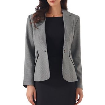 Vintage Work Blazer for Women's Houndstooth Notched Lapel One Button Office Suit Jacket