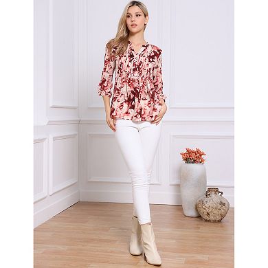 V Neck Shirt for Women's Floral Prints Button Down Puffy Sleeve Casual Shirt