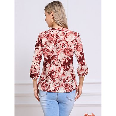 V Neck Shirt for Women's Floral Prints Button Down Puffy Sleeve Casual Shirt
