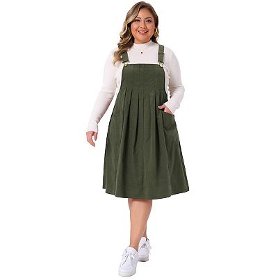 Plus Size Corduroy Pinafore Dress for Women Pleated Adjustable Strap Suspender Skirt Overall Dress