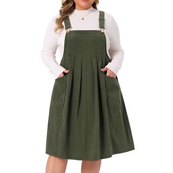 Plus Size Corduroy Pinafore Dress for Women Pleated Adjustable Strap Suspender Skirt Overall Dress