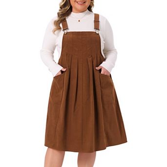 Plus Size Corduroy Pinafore Dress for Women Pleated Adjustable Strap Suspender Skirt Overall Dress