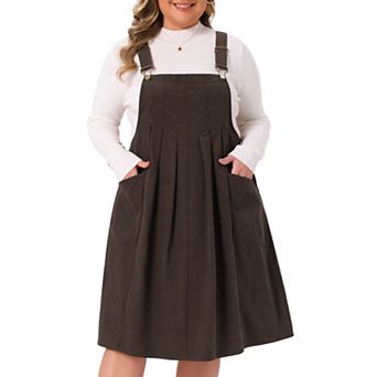 Plus Size Corduroy Pinafore Dress for Women Pleated Adjustable Strap Suspender Skirt Overall Dress
