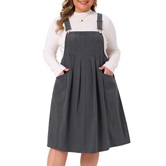 Plus Size Corduroy Pinafore Dress for Women Pleated Adjustable Strap Suspender Skirt Overall Dress