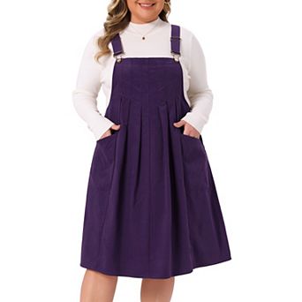 Plus Size Corduroy Pinafore Dress for Women Pleated Adjustable Strap Suspender Skirt Overall Dress