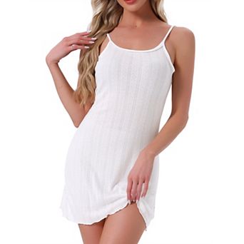 Women Nightgown Spaghetti Strap Sleeveless Ruffle Hem Sleep Dress Pointelle Lingerie Mini Nightshirt