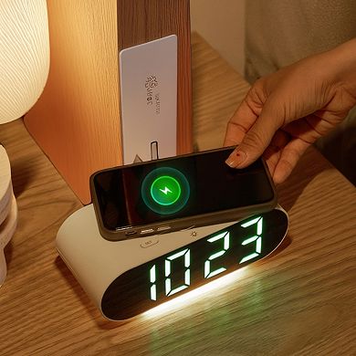 Oval Alarm Clock with Nightlight, Dimmable, 12/24H,USB Port, Wireless Charging, 7.1x3.1x2.4 inch