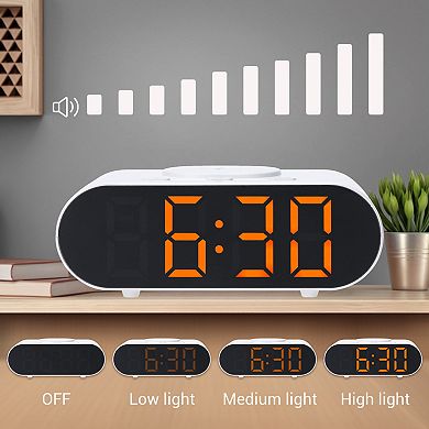 Oval Alarm Clock with Nightlight, Dimmable, 12/24H,USB Port, Wireless Charging, 7.1x3.1x2.4 inch