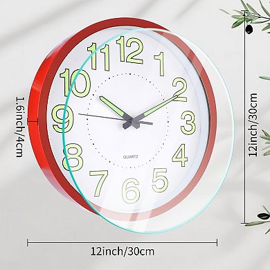 Wall Clock, Silent Non Ticking Battery Operated Modern Glow-In-The-Dark Clocks, 12x12x1.6 Inch